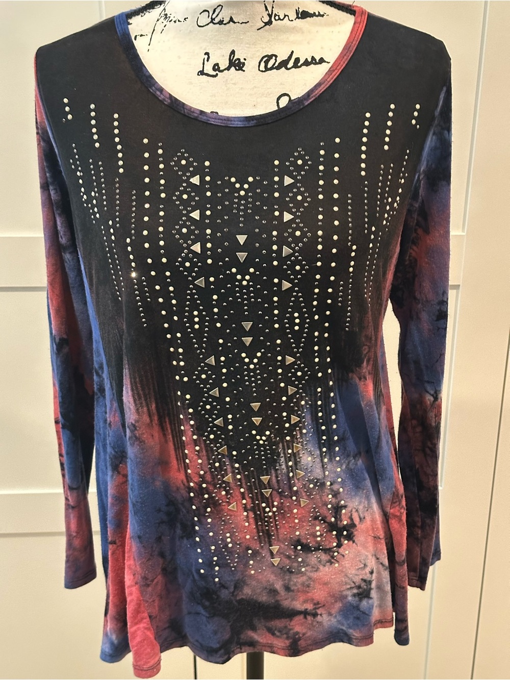VOCAL-Studded Tie-Dye Long Sleeve Women's Top -Size Medium-ROOMY CUT.